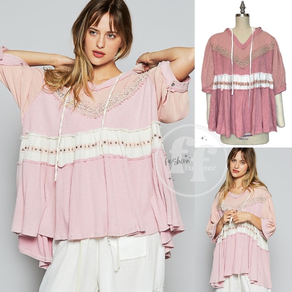 POL Pink White Strawberry Milk Pearl and Stud Embellished Color Block Hoodie Top - Picture 1 of 5